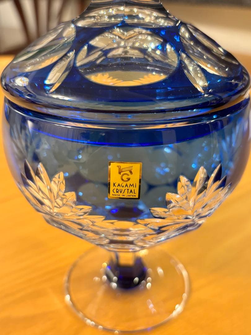【未使用】カガミクリスタル 藍色江戸切子 蓋付きシュガーボウル キャンディポット