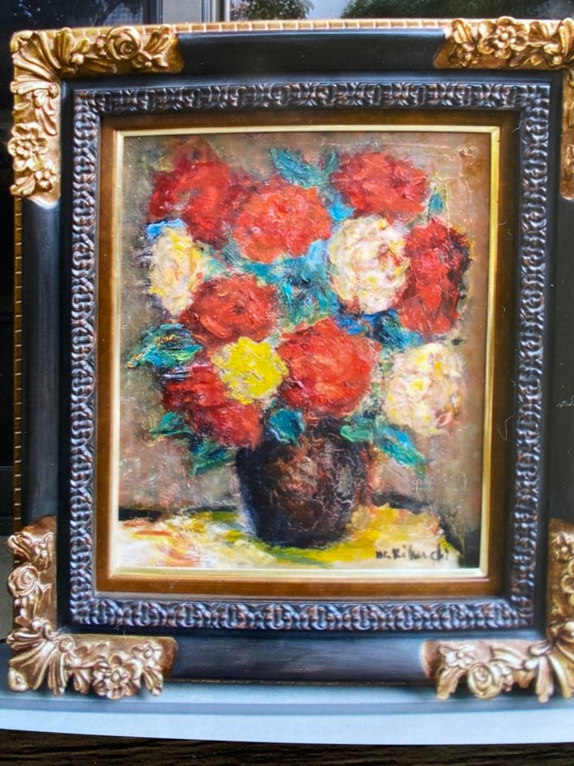 絵画　油彩画　油絵　F8 「2色のバラ」パリ　菊地正則　豪華　美品　額付き