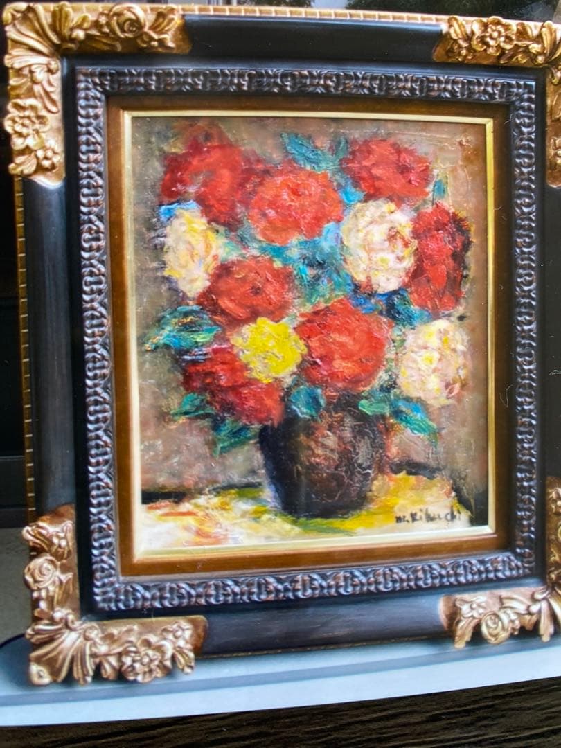 絵画　油彩画　油絵　F8 「2色のバラ」パリ　菊地正則　豪華　美品　額付き