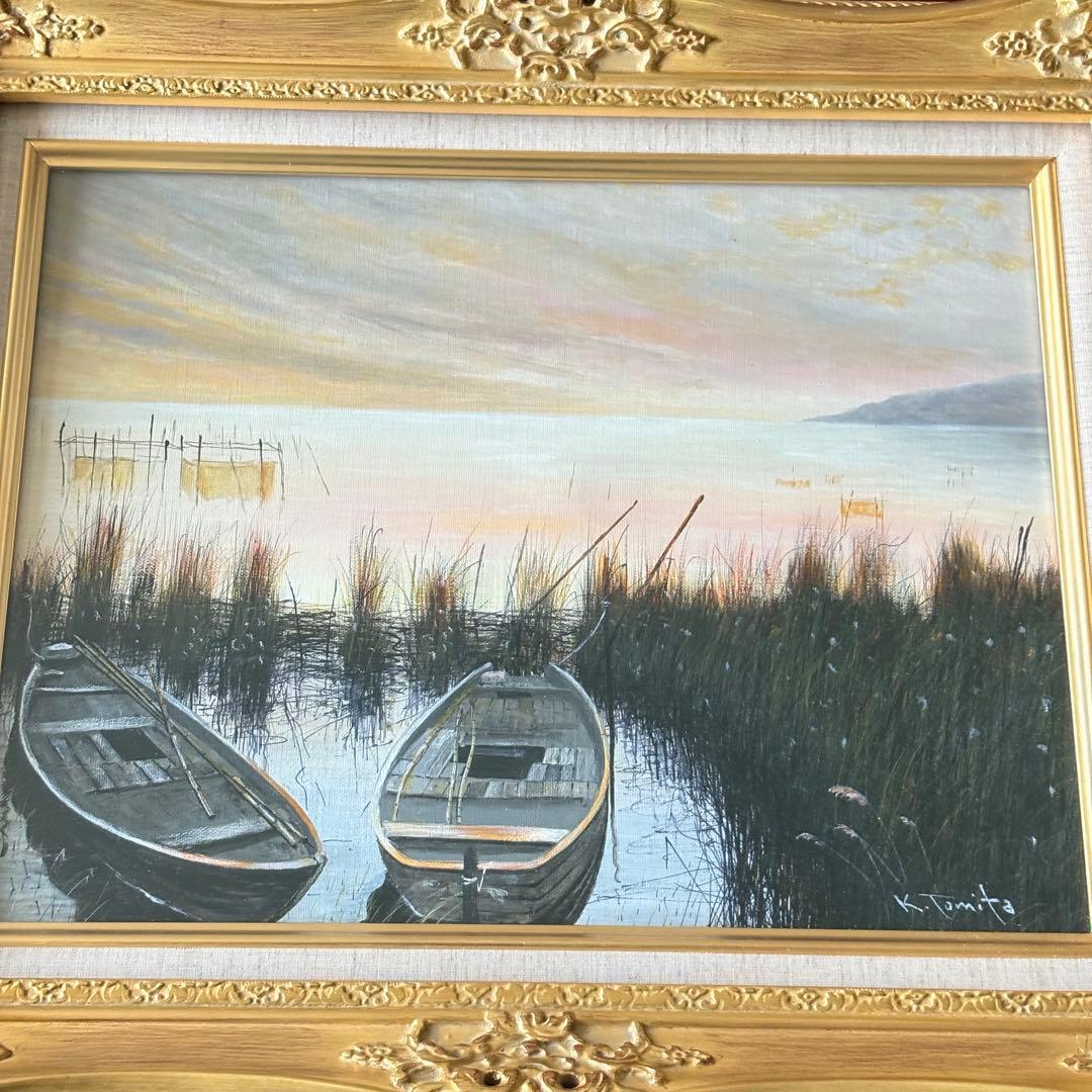 富田勝英「湖北にて」油彩 F6 額装 油絵 油画 絵画 C