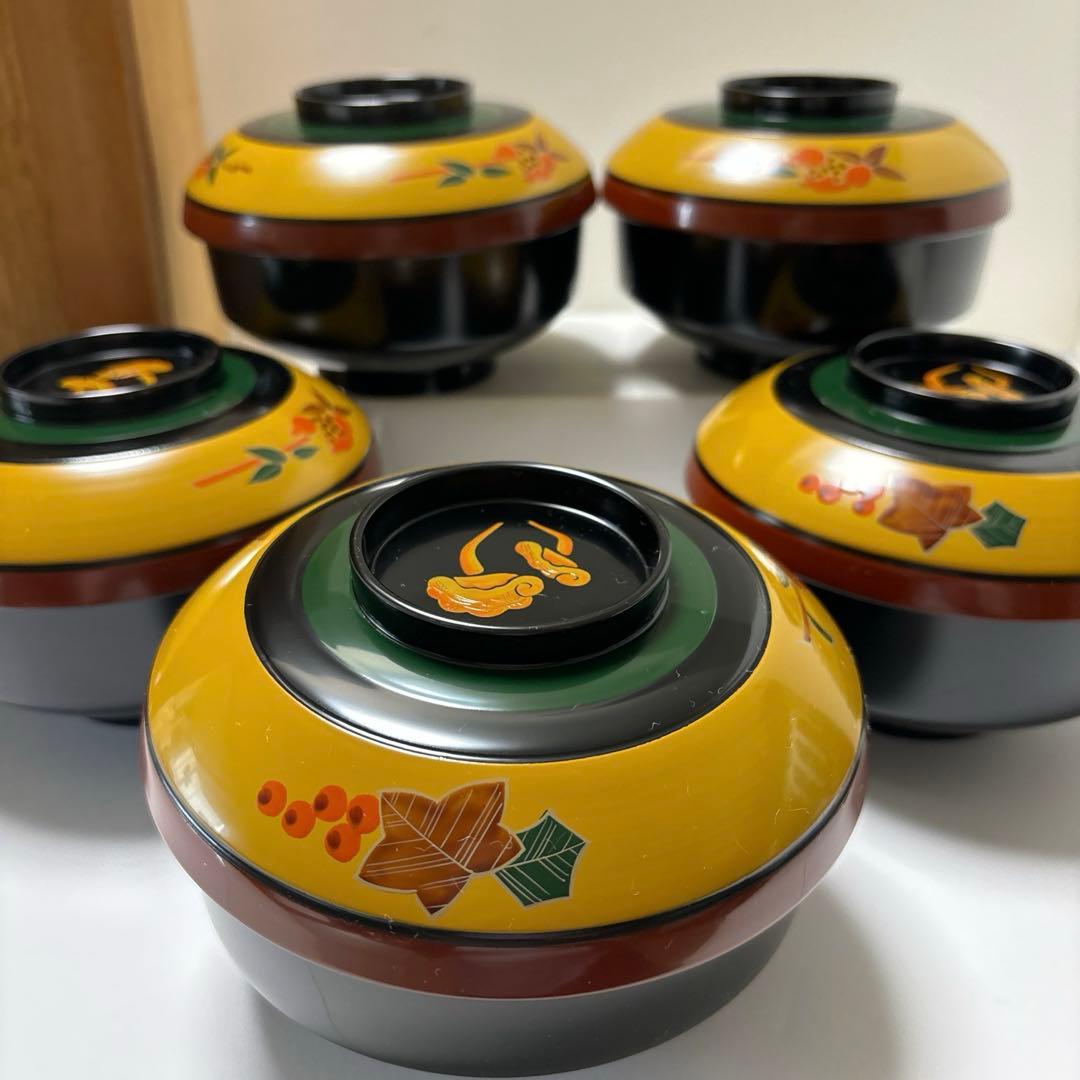 木製漆器　山人艸果蒔絵　煮物椀　山中塗　蓋付煮物椀五客揃い　アンティーク高級漆器