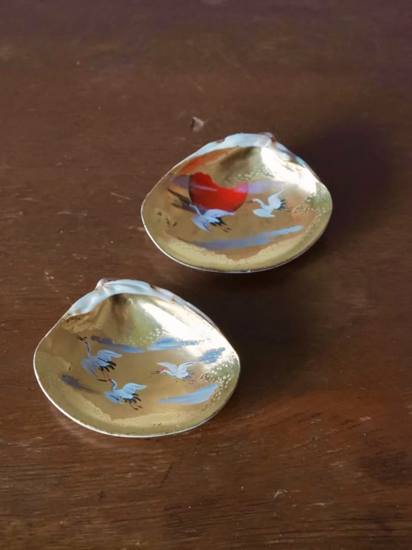加陽　一瓢斎　源氏貝合せ　鶴色絵　蛤香合　茶道具　香道具　箱付　Q2257