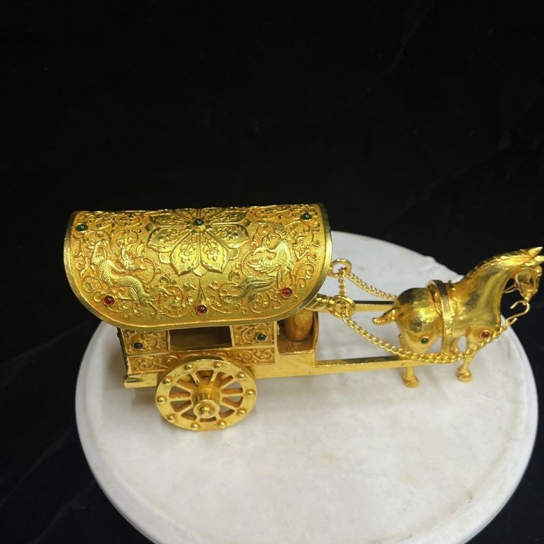 中国美術品　極細工　塗金宝石嵌黄金馬車　骨董　珍蔵品