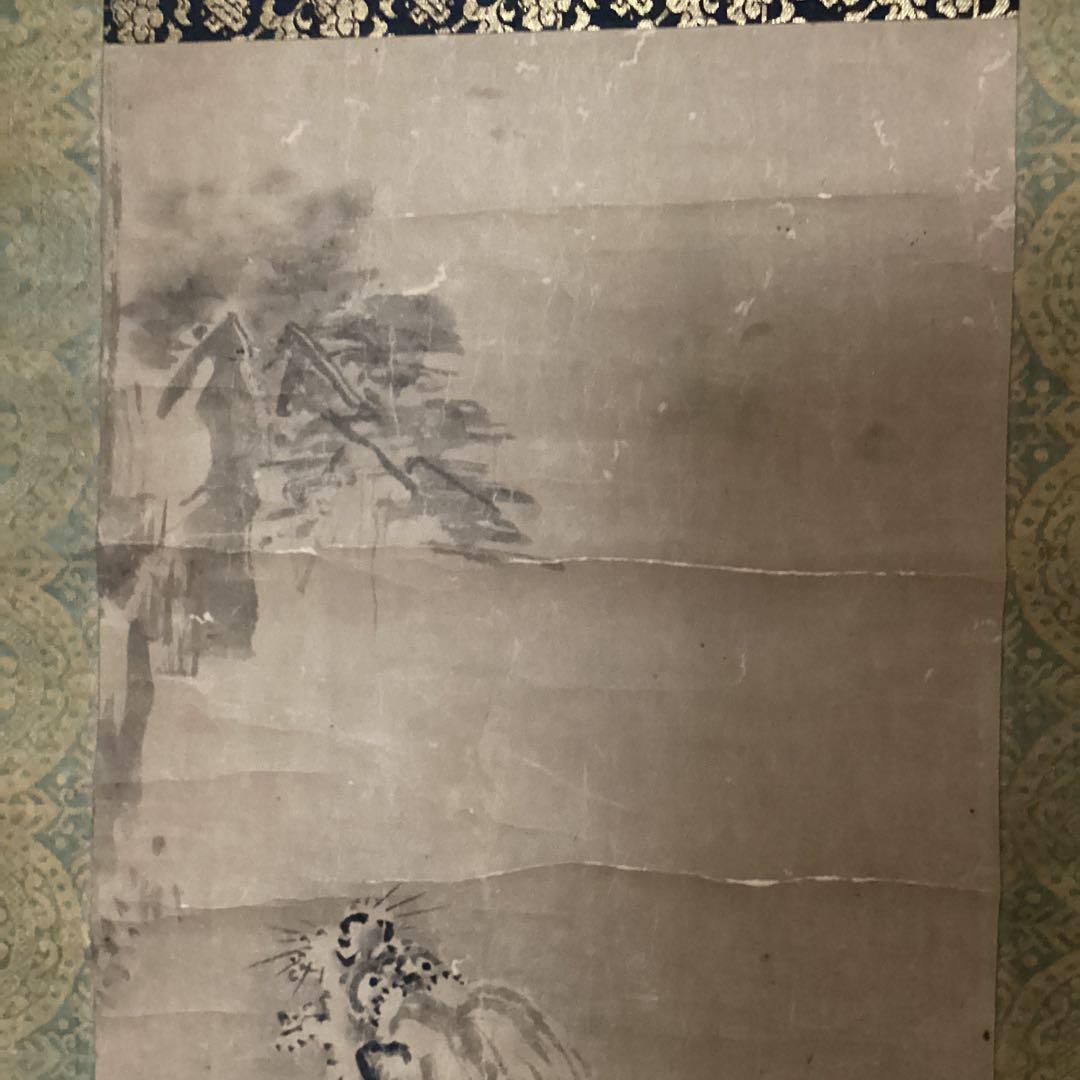 久隅守景　紙本淡彩水墨　【二匹の獅子図】肉筆　時代箱　落款印譜在　模写　186