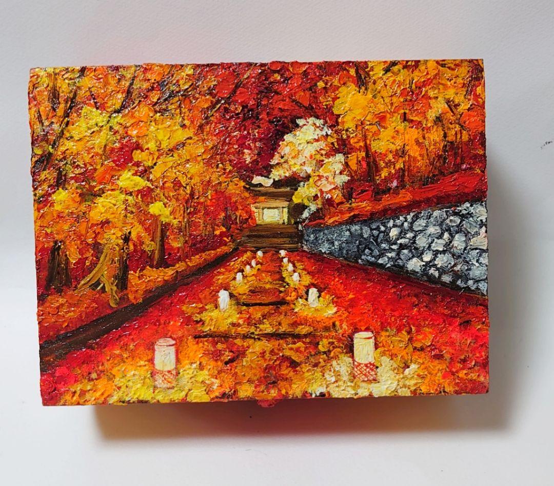 北欧風 油絵 絵画「紅葉ボックス」モダンアート 玄関やリビングに映える 秋の風景