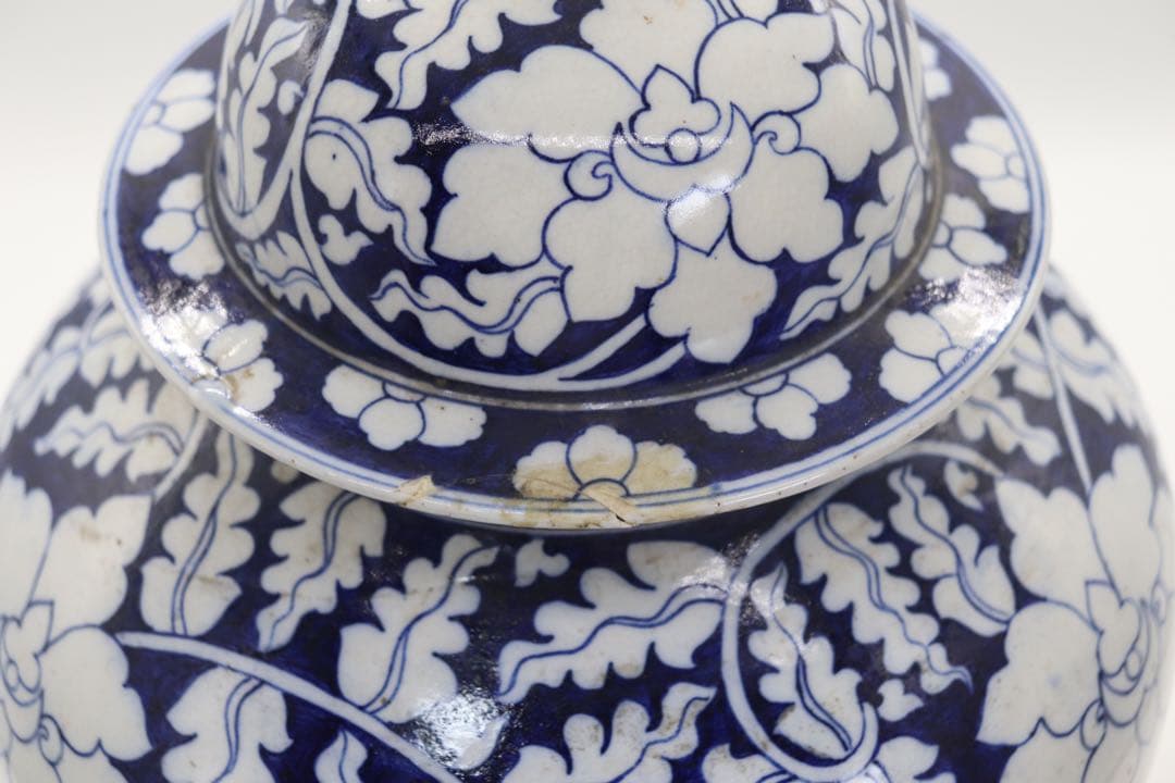 中国　清時代　染付　蓋付大壺　送料込み250221