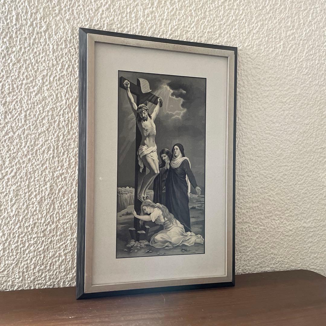 ヴィンテージ キリストの磔刑 モノクロリトグラフ アートフレーム