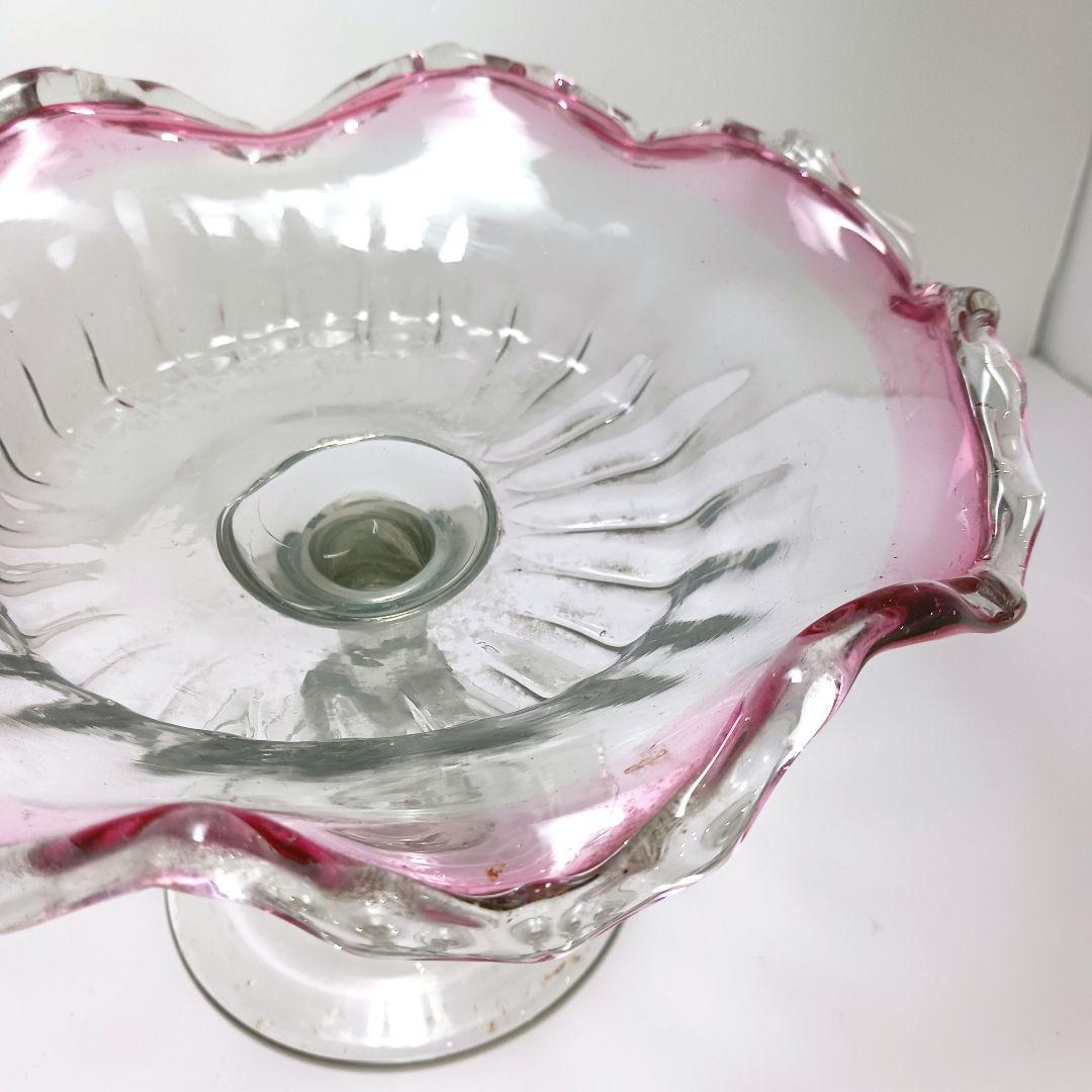 Y2680-1 時代レトロ 赤縁ガラス 大型コンポート 皿 サイン入り #6