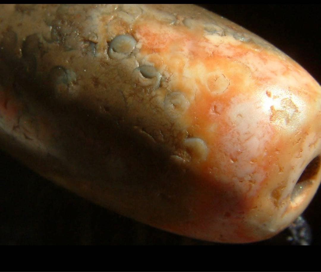 虎牙天珠　アンティーク　紅朱砂　馬蹄痕