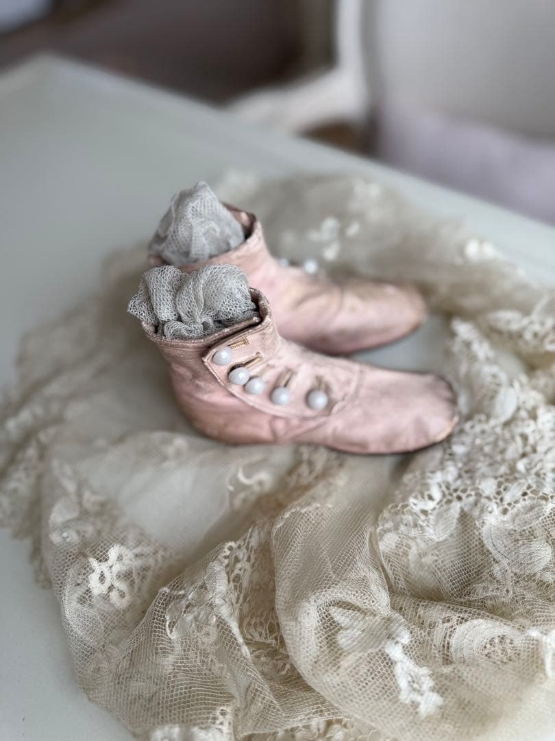 激レアフランスアンティークピンク子供用ベビー用カーフボタンブーツ