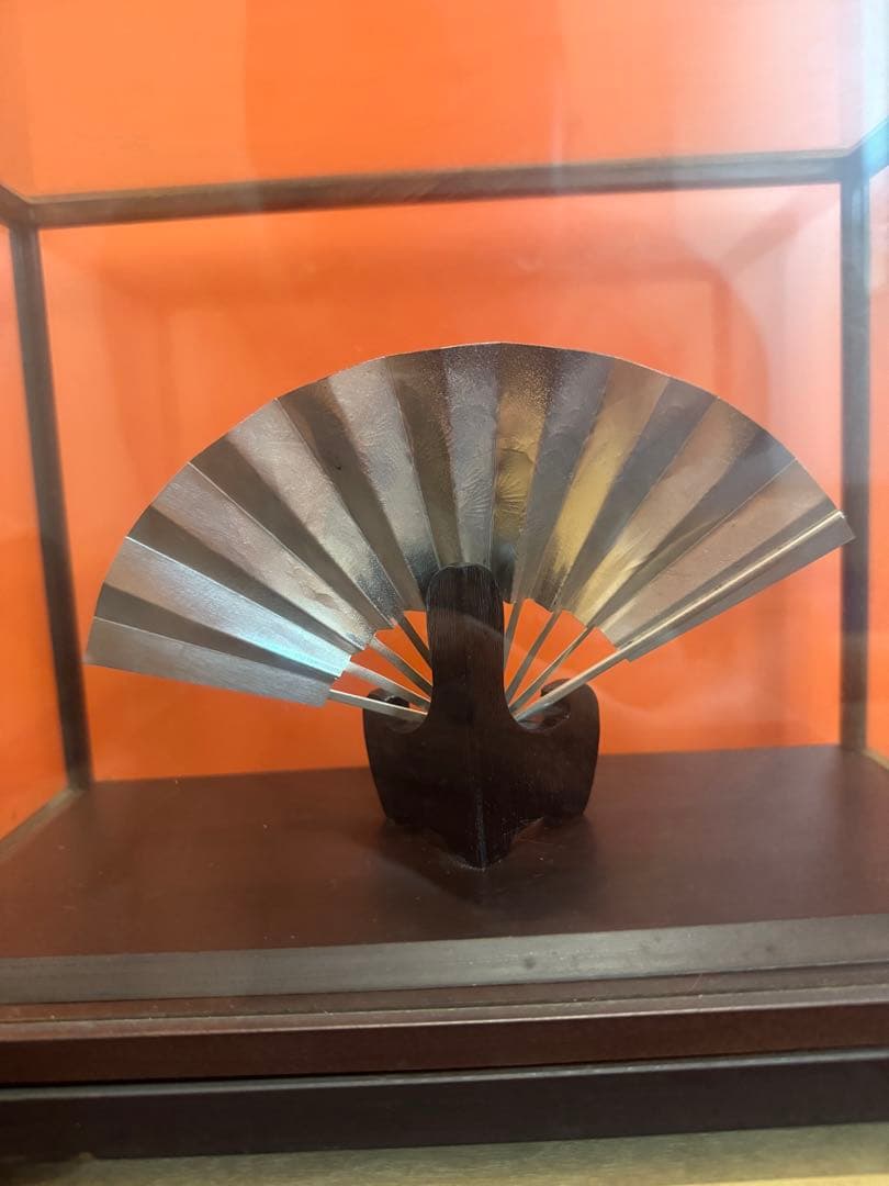 1643   純銀 光則作 ★ 松竹梅 扇 ガラスケース入り 置物 飾物 飾り物