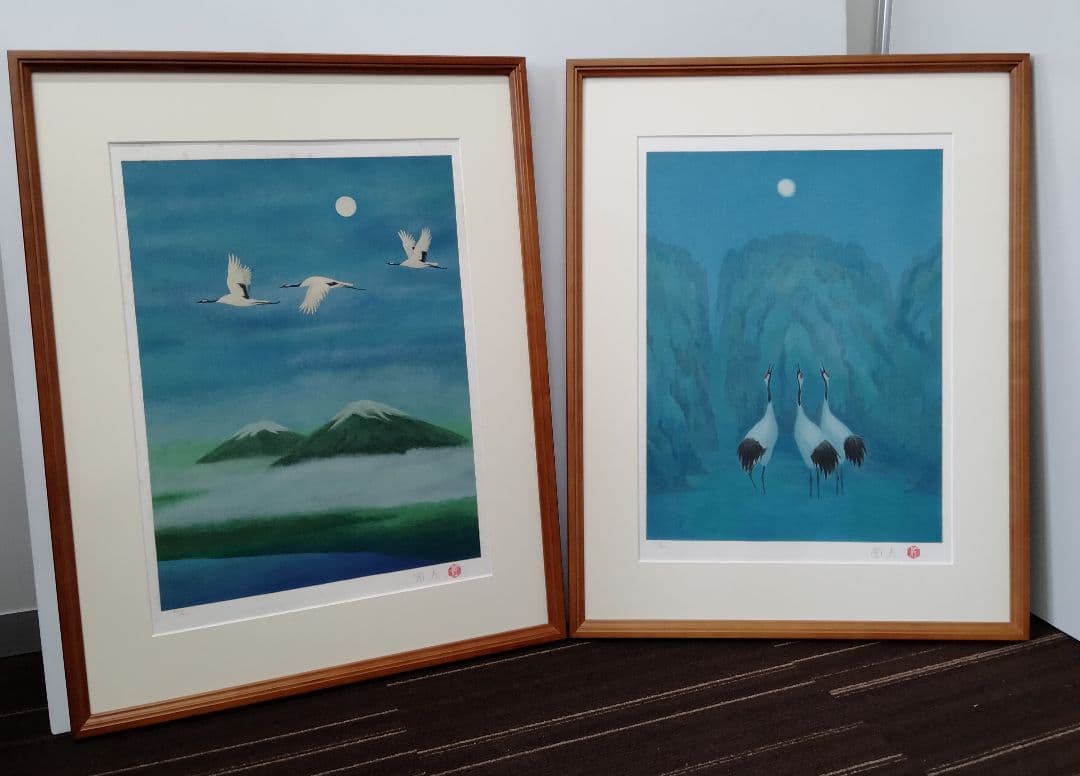 【古シミあり】佐藤圀夫　リトグラフ　鶴二題「翔」「白月」毎日新聞社