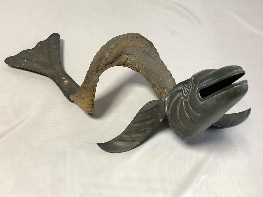 【 稀少文物 】　山羊角、金銅彫金　『魚オブジェ』　清朝古玩