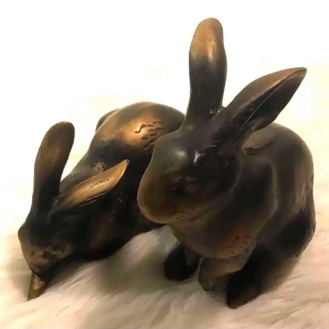 【 超希少 】青銅兎置物 一対 有名作家 作 ? ・兎 うさぎ ブロンズ 像
