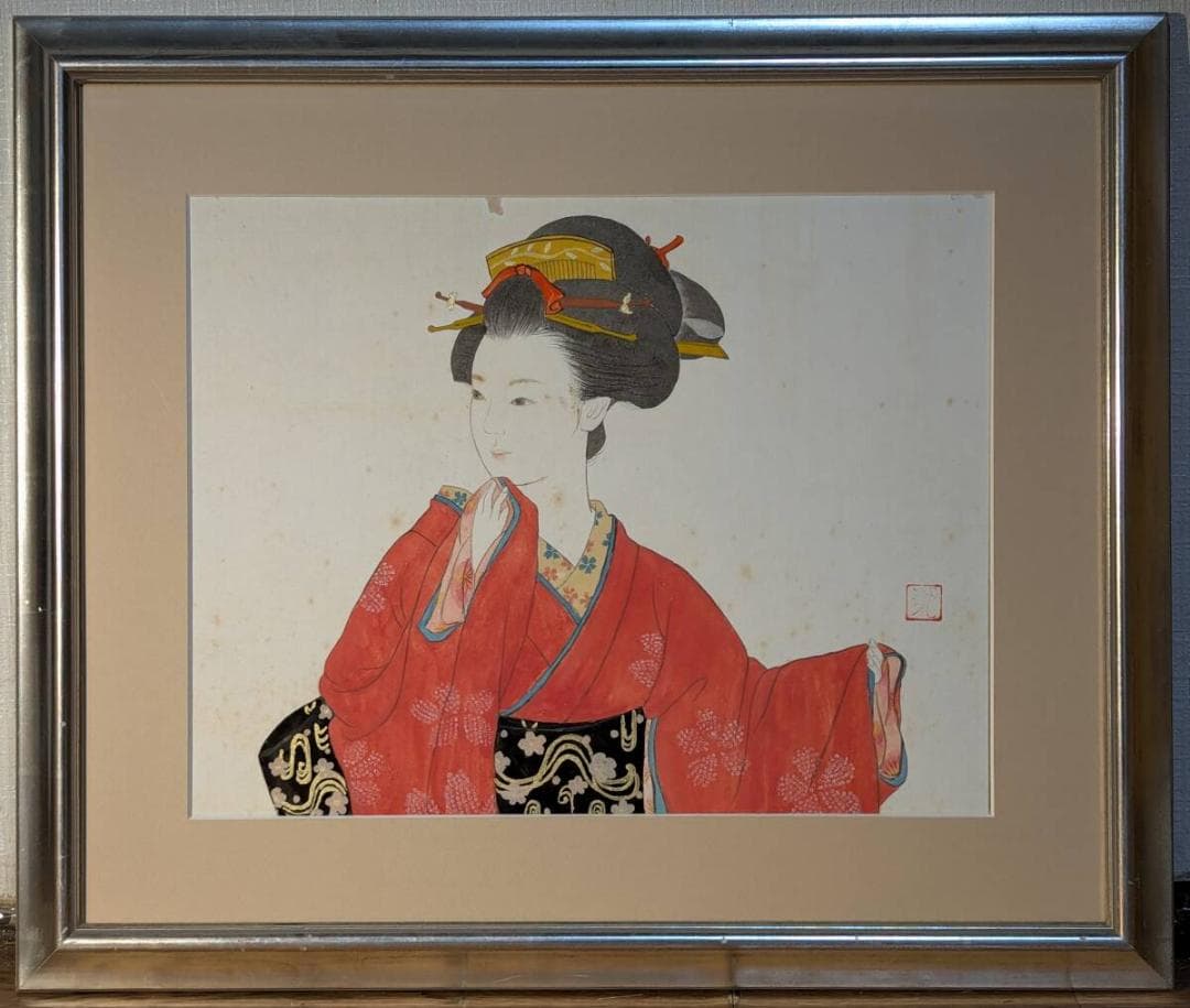 【真作】絵画　日本画6号　紅衣の佳人　美人画　上品な和装女性　W106