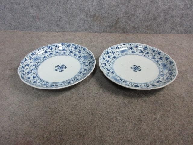 古伊万里 渦福 みじん唐草 染付 中皿 2枚 [B31415]