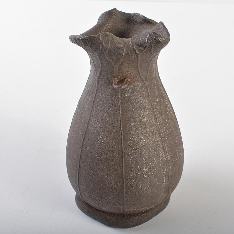 南蛮焼締　蓮葉形　蓮花蛙象嵌　掛け花生　合せ箱付　V　R7084