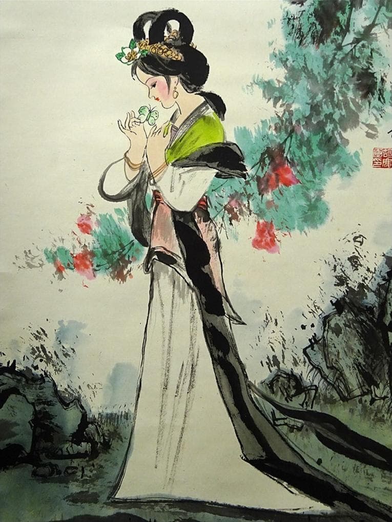 掛軸 胡夢『仕女図 美人』中国画 紙本 肉筆 箱無し 掛け軸 w061117