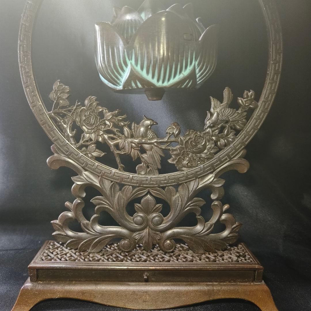 香道具 吊香炉 蓮炉花鳥文 高岡銅器 引出し付 骨董 旧家蔵出し美品 送料無料