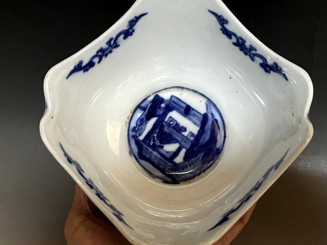 鉢■染付 唐人 窓人物絵 年号印有 ベロ藍 古玩 中国 古美術 時代物 骨董品■