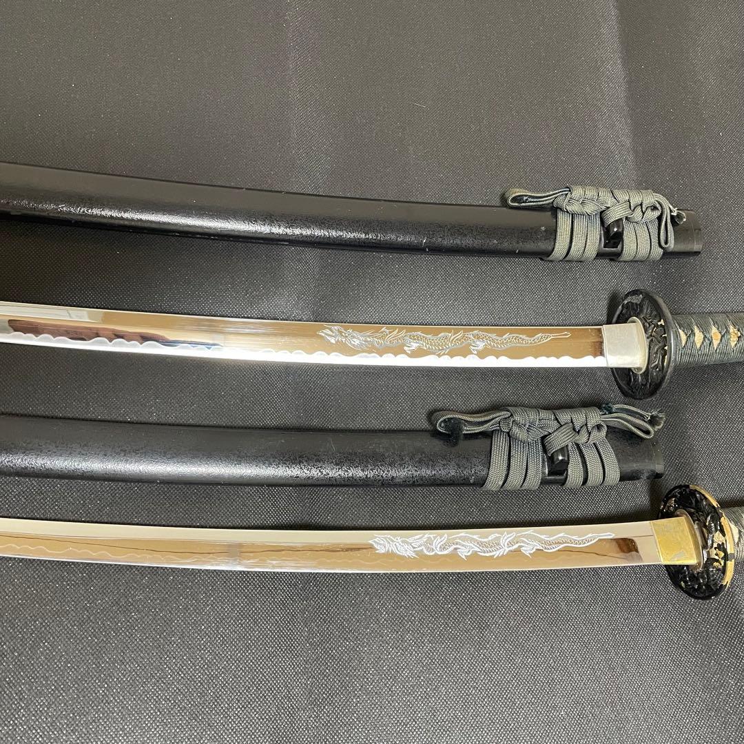 模造刀 日本刀 武具 龍彫刃 のたれ刃紋 居合刀 2本セット 太刀脇差（B06）