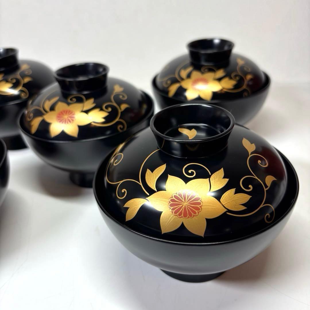 【未使用】　輪島塗　鉄仙蒔絵付 吸物椀五客　木箱付 送料無料