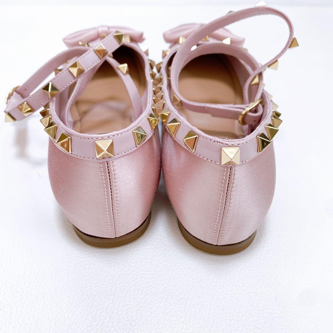美品 Valentino ロックスタッズ サテンバレリーナシューズ ピンク