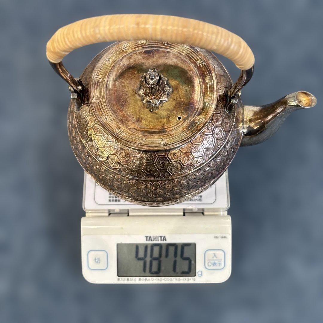 純銀製 金蘭模様彫 蕾摘 湯沸 銀瓶 工芸品 美術品 煎茶道具