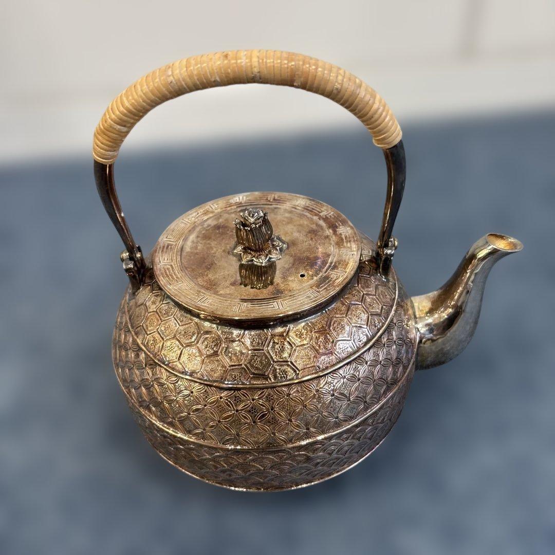 純銀製 金蘭模様彫 蕾摘 湯沸 銀瓶 工芸品 美術品 煎茶道具