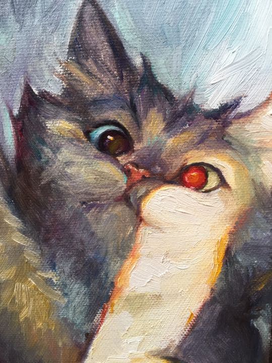 猫 猫じゃらし 油絵 油彩手描き 原画 オリジナル