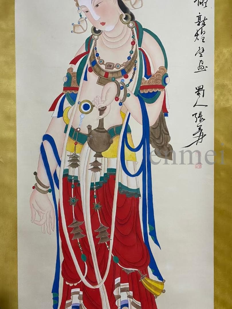 中国古美術・旧藏珍品・張大千款・仏像図・絹本・純手描き・掛軸・中堂畫・郵票落款