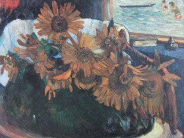 ポール・ゴーギャン、肘かけ椅子の上のひまわりのある静物、希少な画集より