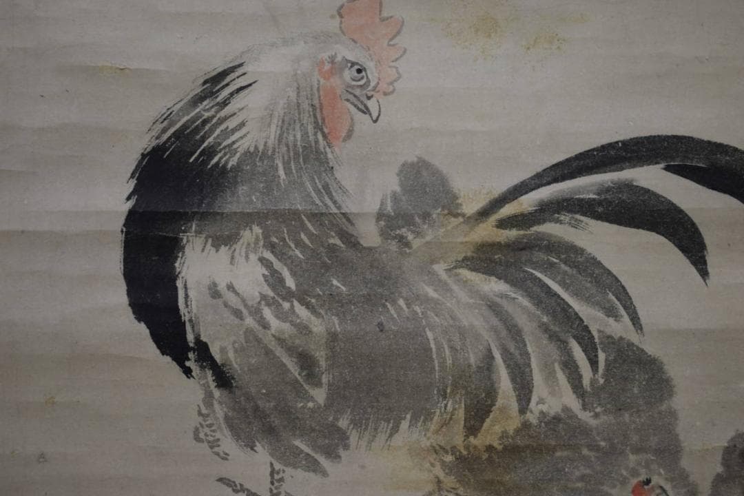 真作/英一蝶/鶏之図/布袋屋掛軸HG-454