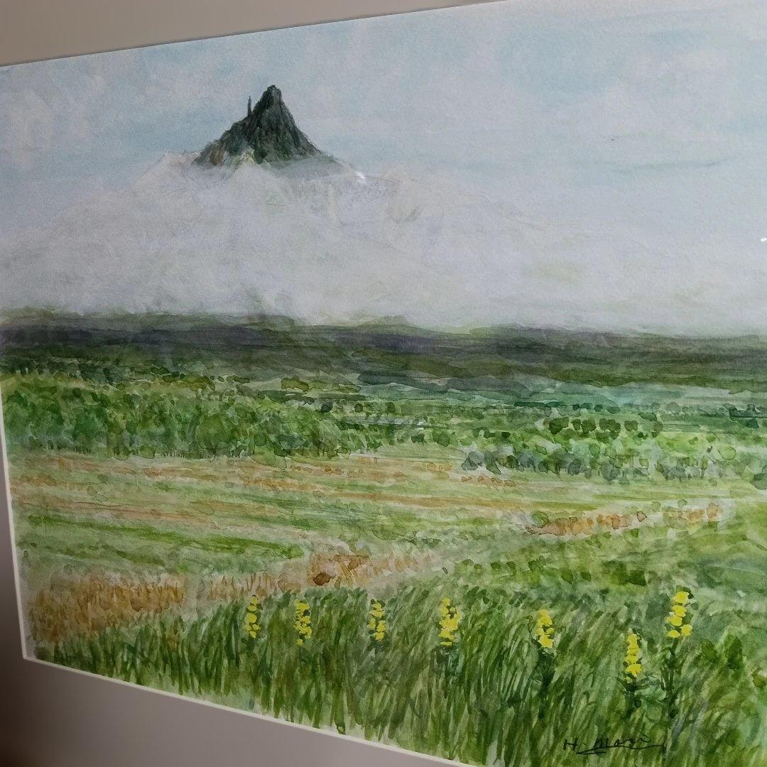 85..月見草と夏の利尻富士、水彩画 山と風景 フレーム付き、１０号