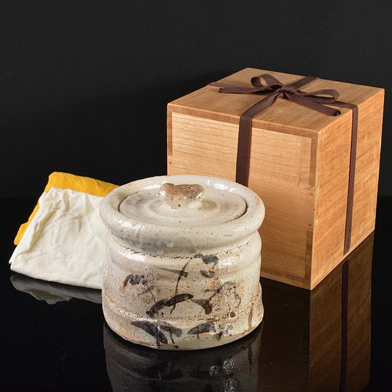 茶道具　志野焼　絵志野　鉄絵　花草文　水指　時代箱付　V　R6156B