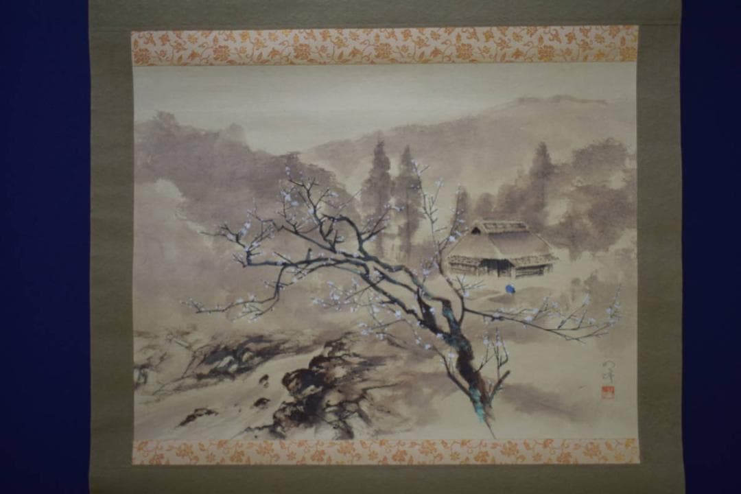 真作/明峰/桜/山水人物図/布袋屋掛軸HJ-11