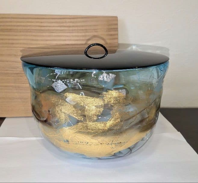 『中尾羊古』ガラス水指　茶道具　共箱　金ギヤマン義山　アトリエ羊古　吹きガラス