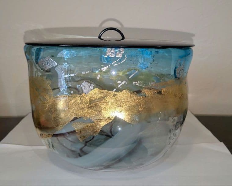 『中尾羊古』ガラス水指　茶道具　共箱　金ギヤマン義山　アトリエ羊古　吹きガラス