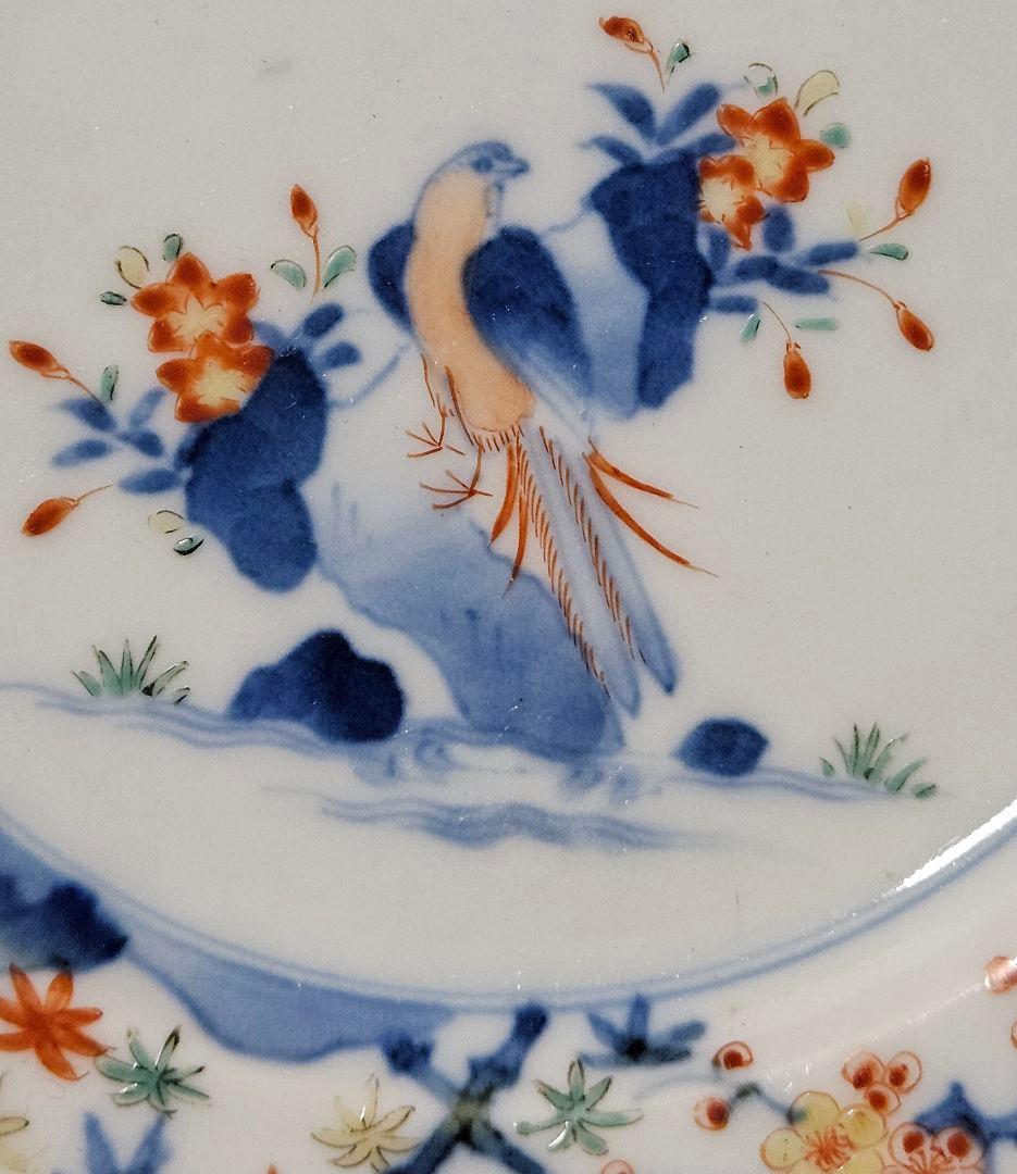 【名品❗】江戸時代後期　柿右衛門様式　染錦　双鳥に　梅花紅葉赤花図　輪花皿　2客