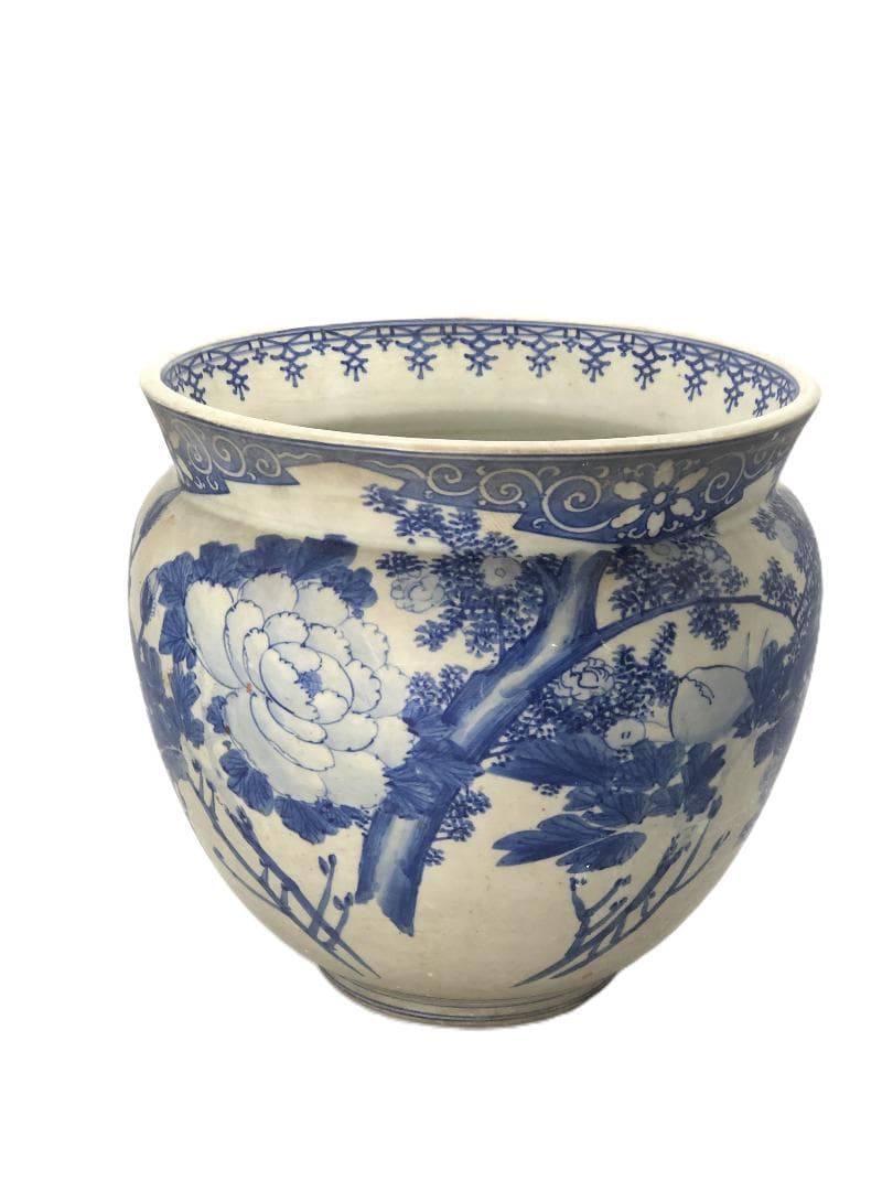 【 瀬戸染付草花文水鉢 】　目跡１０個　江戸期瀬戸焼