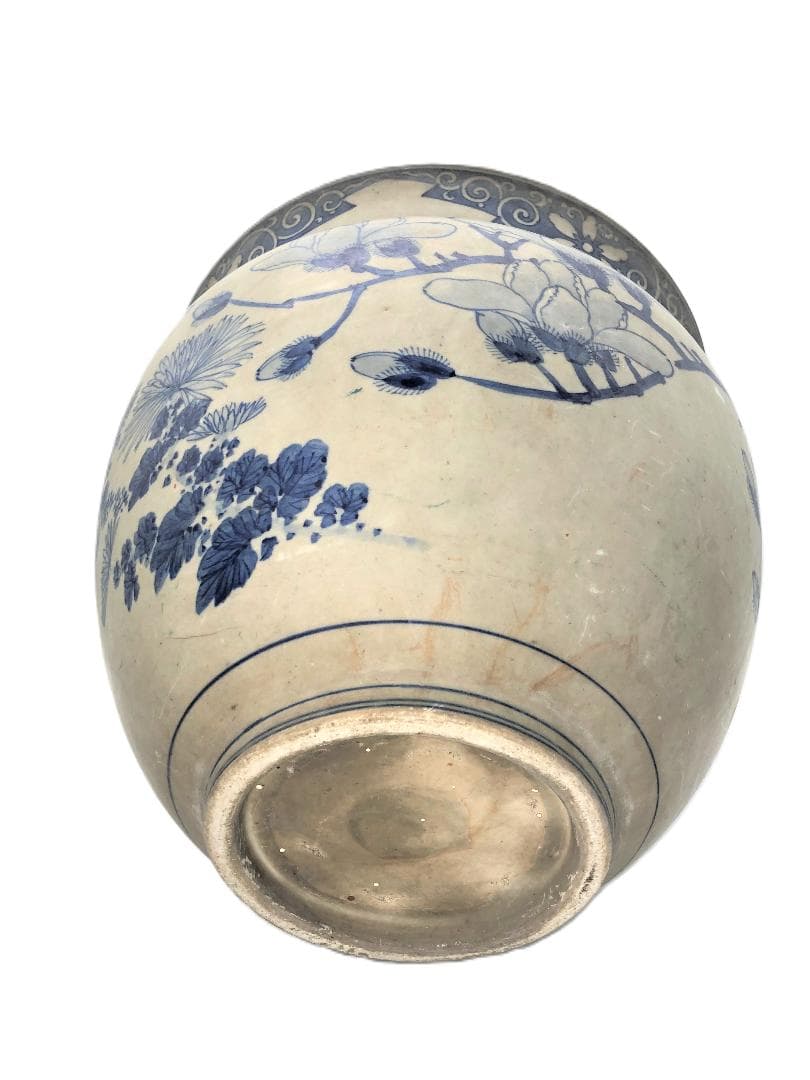 【 瀬戸染付草花文水鉢 】　目跡１０個　江戸期瀬戸焼