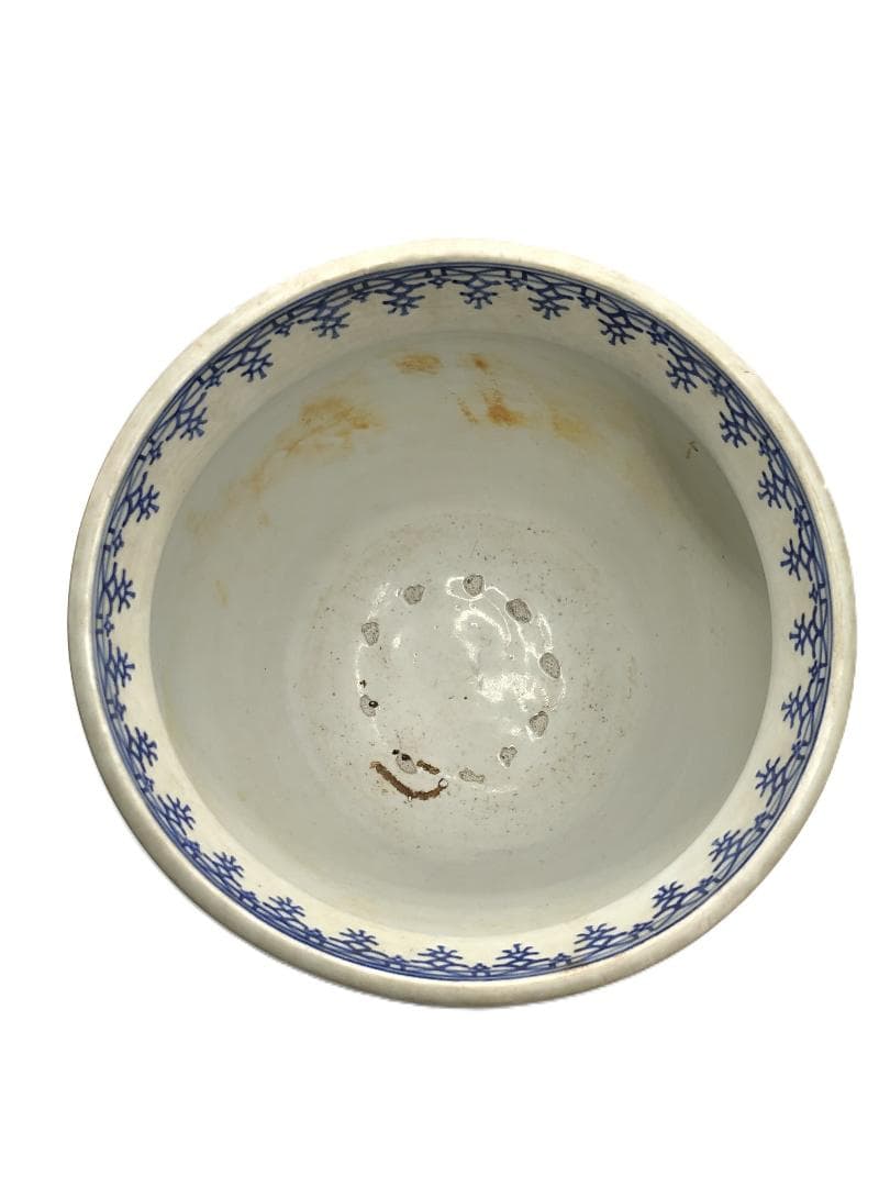【 瀬戸染付草花文水鉢 】　目跡１０個　江戸期瀬戸焼
