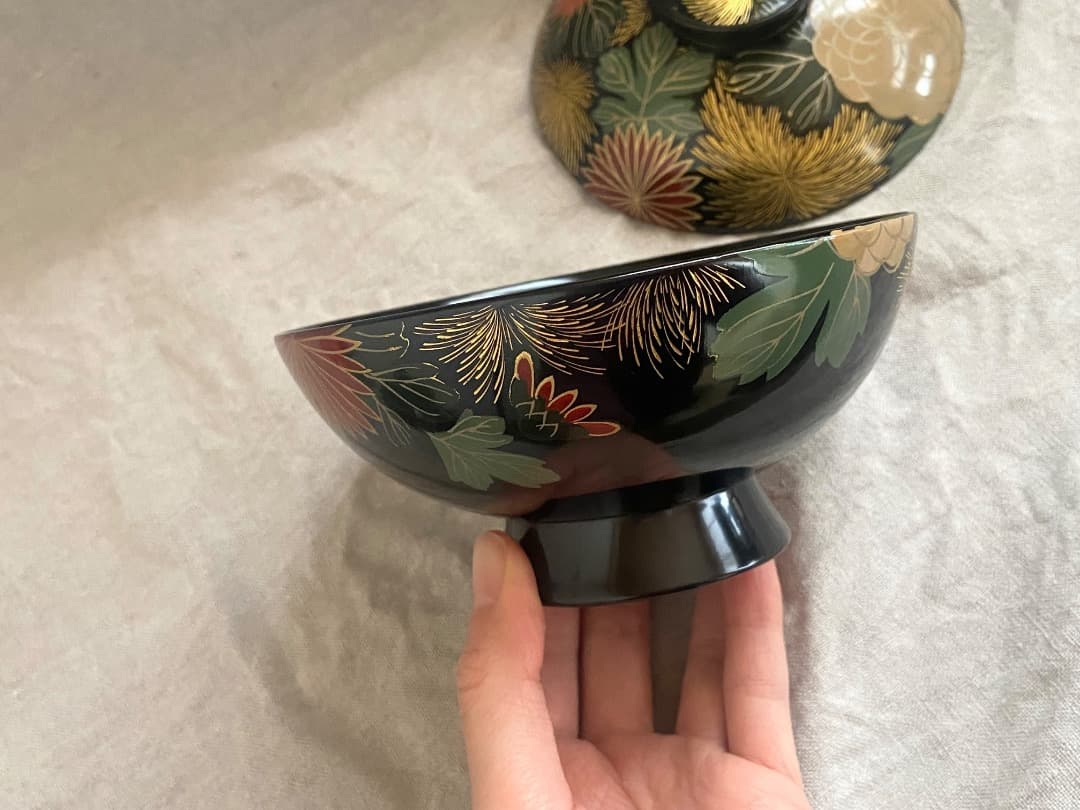 輪島塗 菊詰沈金花蒔絵 蓋付椀 2客 / 懐石椀・吸物椀・雑煮椀