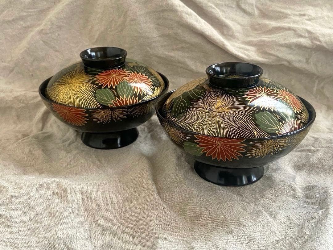 輪島塗 菊詰沈金花蒔絵 蓋付椀 2客 / 懐石椀・吸物椀・雑煮椀