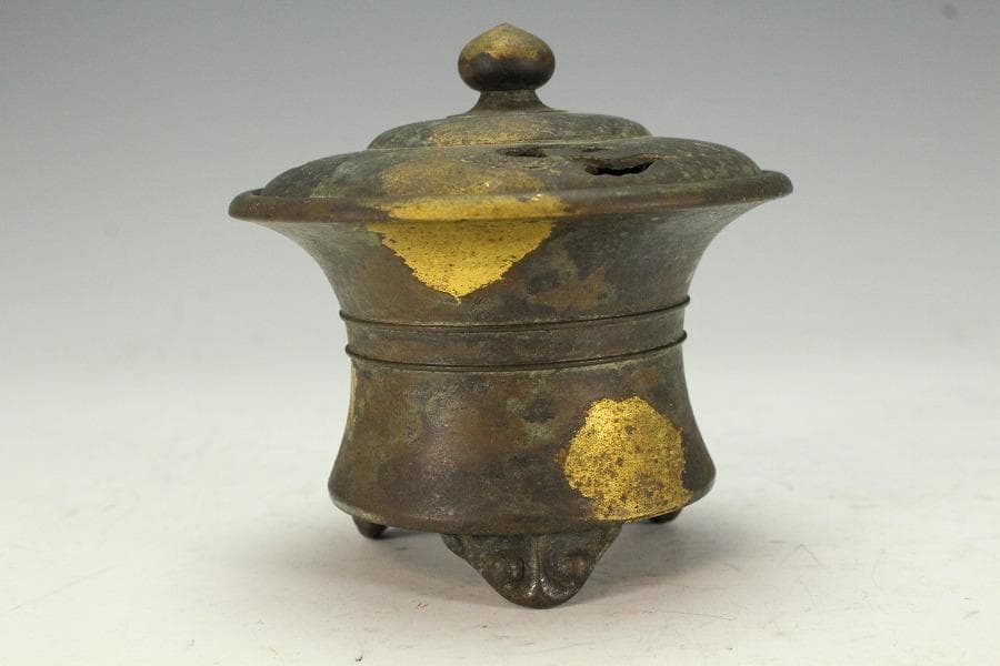 蔵六造 飛金 刻 霊芝 青銅 香炉 在名(K-XA807)
