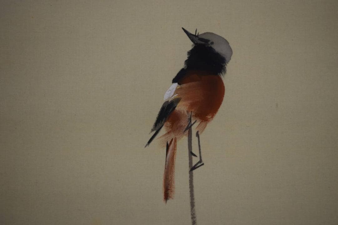 真作/東原方僊/菊花小禽図/絹表装/布袋屋掛軸HI-362