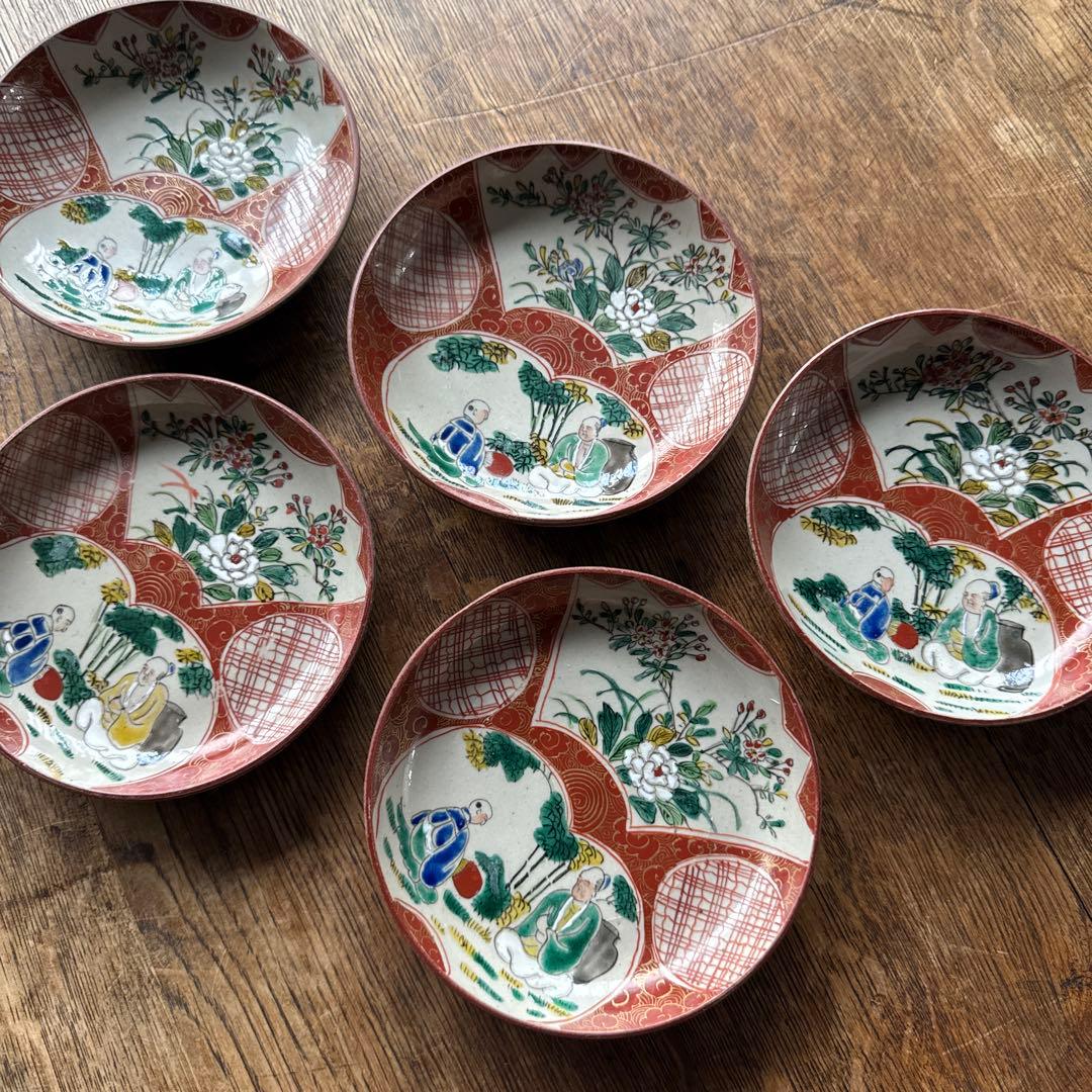 時代 青九谷 【九谷庄三】 窓絵花人物文小皿 5客組　K317