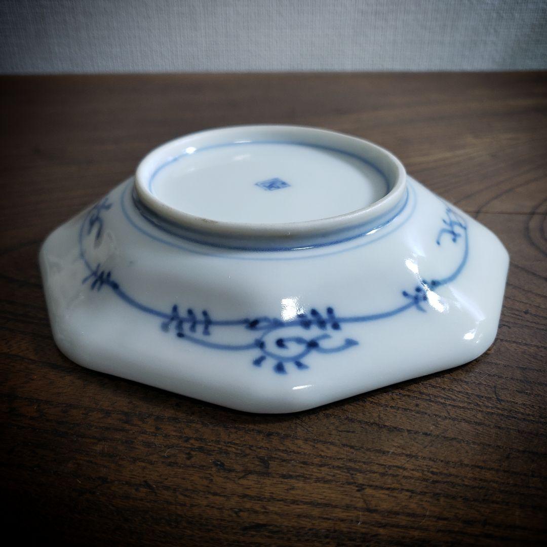 皿　八角皿　古伊万里　山水　風景　五弁花　染付　訳あり　欠け