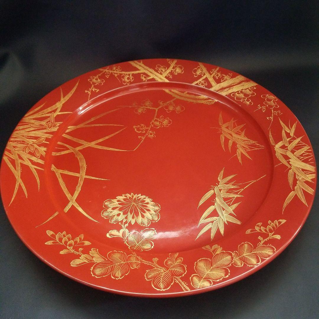 輪島塗 沈金 朱塗り 松竹梅 四季花 大皿 美術品 飾皿 約48cm1尺6寸