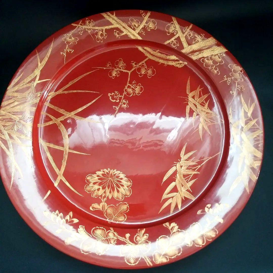 輪島塗 沈金 朱塗り 松竹梅 四季花 大皿 美術品 飾皿 約48cm1尺6寸